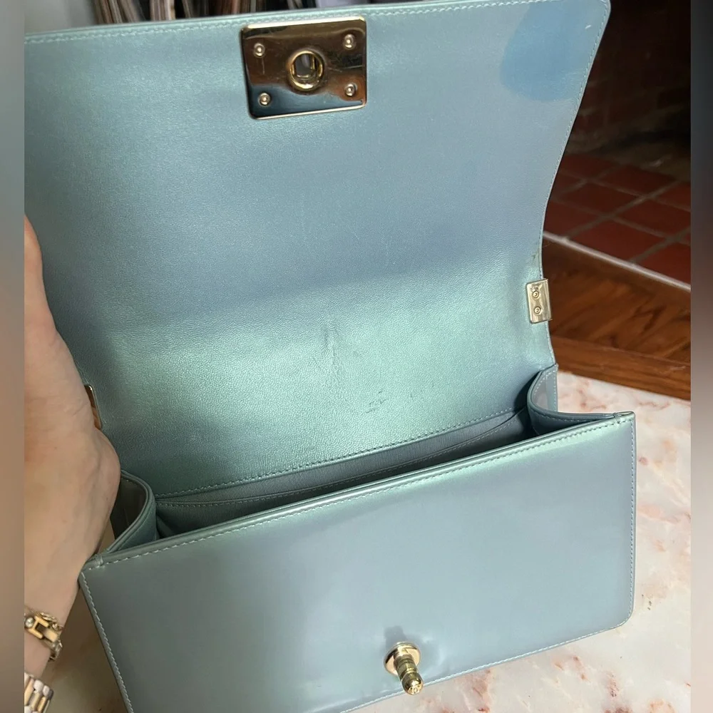 Chanel Quilted Blue Patent Leather Iridescent Medium Boy Bag